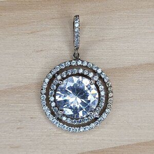 Vtg Sterling Silver Cubic Zirconia Halo Pendant Round Double Circle Design 1"